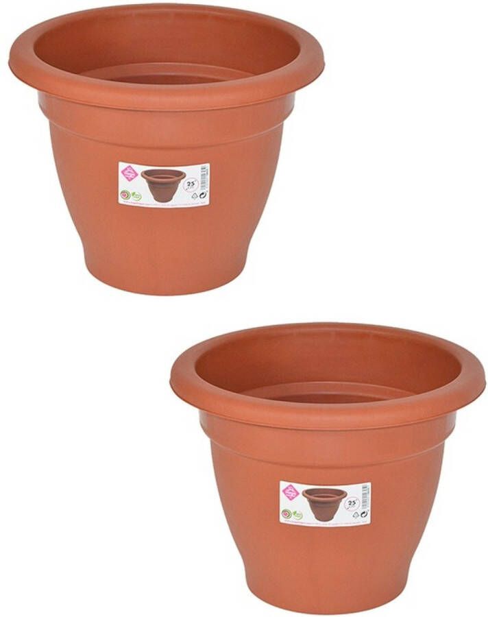 Hega hogar Set van 2x stuks terra cotta kleur ronde plantenpot bloempot kunststof diameter 25 cm Plantenbakken bloembakken voor buiten