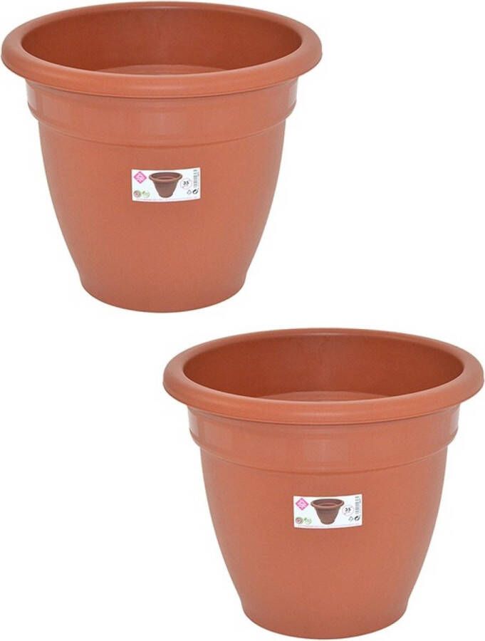 Hega hogar Set van 2x stuks terra cotta kleur ronde plantenpot bloempot kunststof diameter 35 cm Plantenbakken bloembakken voor buiten