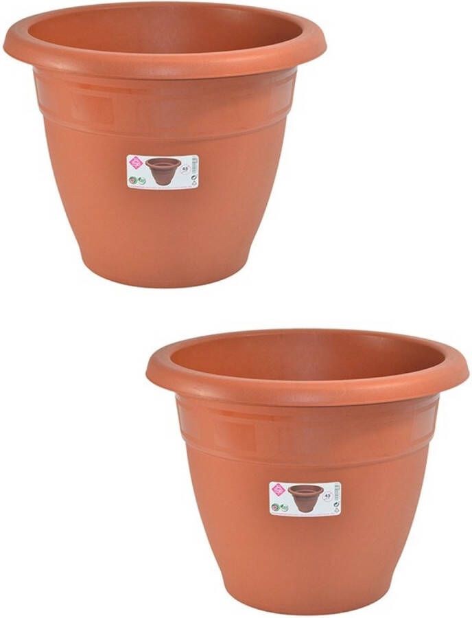 Hega hogar Set van 2x stuks terra cotta kleur ronde plantenpot bloempot kunststof diameter 45 cm Plantenbakken bloembakken voor buiten
