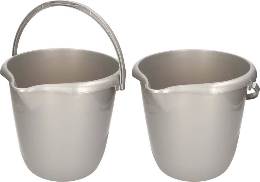 Hega hogar Set van 2x stuks zilvergrijze schoonmaak emmers huishoud emmers 10 liter van diameter 28 cm en hoogte 26 cm