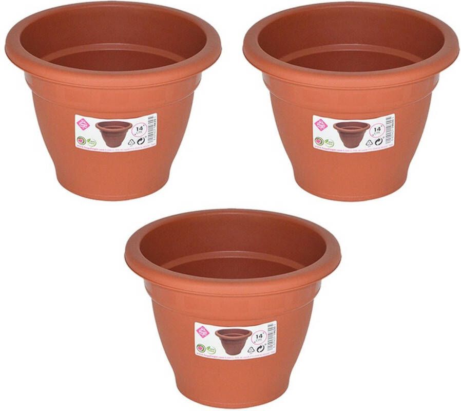 Hega hogar Set van 3x stuks terra cotta kleur ronde plantenpot bloempot kunststof diameter 14 cm Plantenbakken bloembakken voor buiten