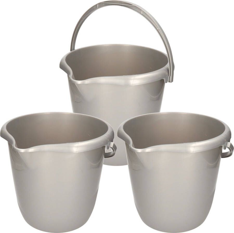 Hega hogar Set van 3x stuks zilvergrijze schoonmaak emmers huishoud emmers 10 liter van diameter 28 cm en hoogte 26 cm