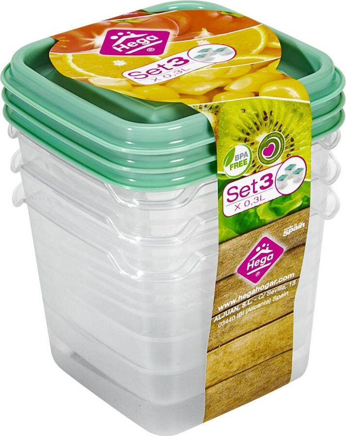 Hega hogar Vershoudbakjes set 3x stuks 0.3 liter transparant groen L8 x B8 x H11 cm Mealprep Maaltijden bewaren