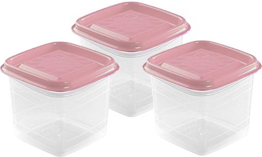 Hega hogar Vershoudbakjes set 3x stuks 0.3 liter transparant roze L8 x B8 x H11 cm Mealprep Maaltijden bewaren