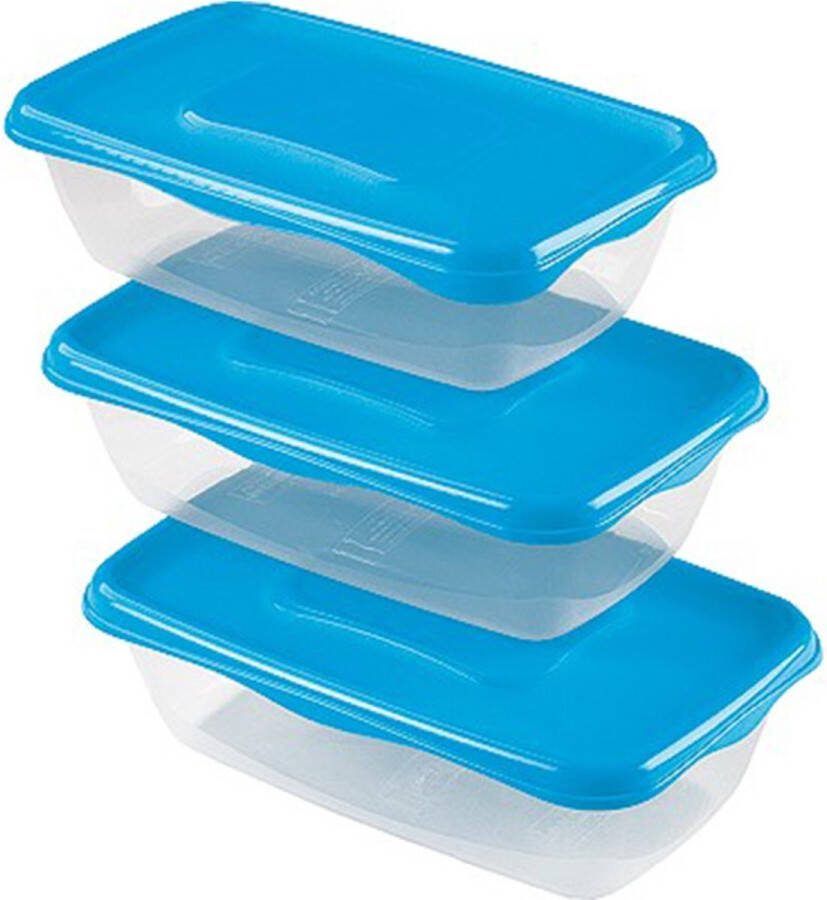 Hega hogar Vershoudbakjes set 3x stuks 0.9 liter transparant blauw L20 x B12 x H8 cm Mealprep Maaltijden bewaren