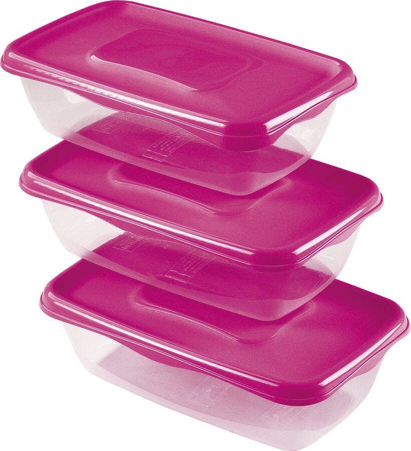 Hega hogar Vershoudbakjes set 3x stuks 0.9 liter transparant roze L20 x B12 x H8 cm Mealprep Maaltijden bewaren