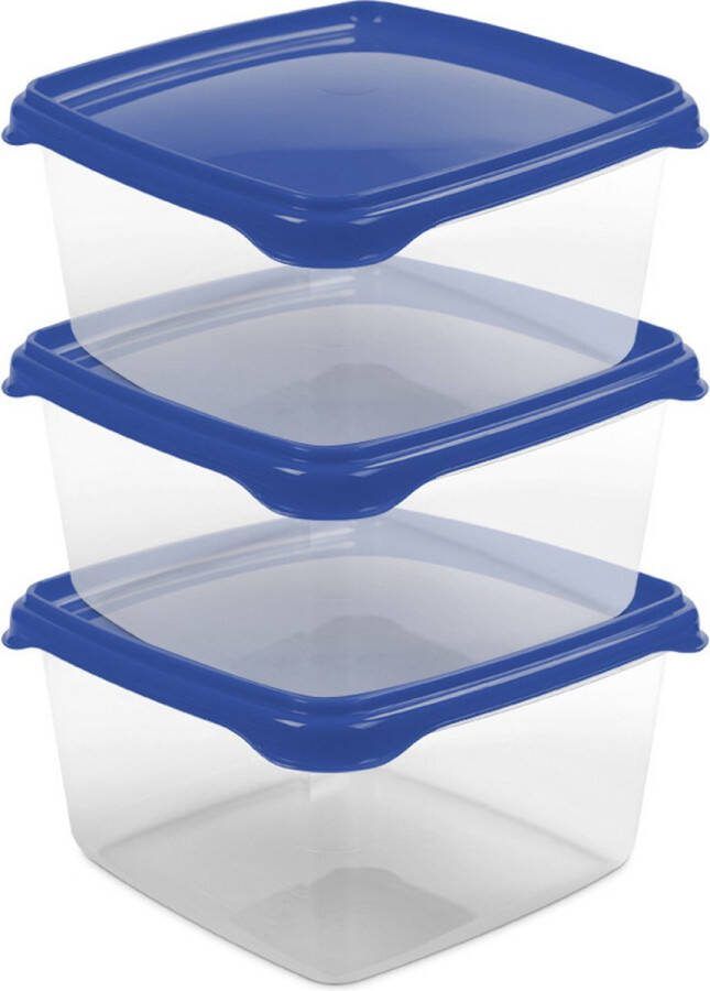 Hega hogar Vershoudbakjes set 3x stuks 1.3 liter transparant donkerblauw L16 x B16 x H11 cm Mealprep Maaltijden bewaren
