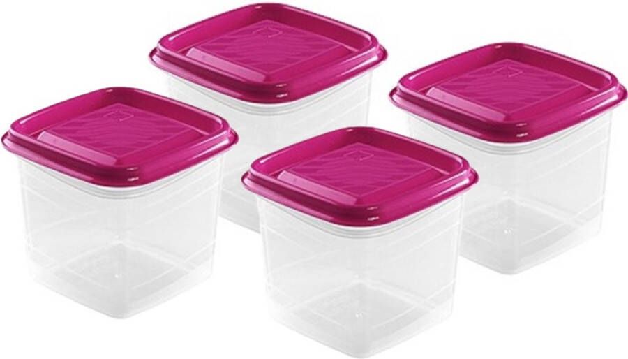 Hega hogar Vershoudbakjes set 4x stuks 0.7 liter transparant fuchsia L11 x B11 x H12 cm Mealprep Maaltijden bewaren