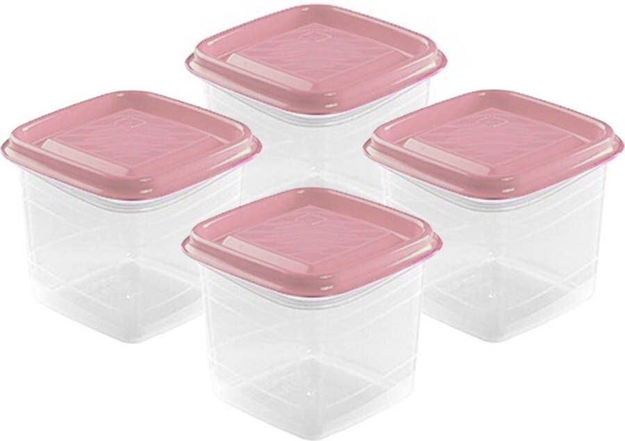 Hega hogar Vershoudbakjes set 4x stuks 0.7 liter transparant roze L11 x B11 x H12 cm Mealprep Maaltijden bewaren