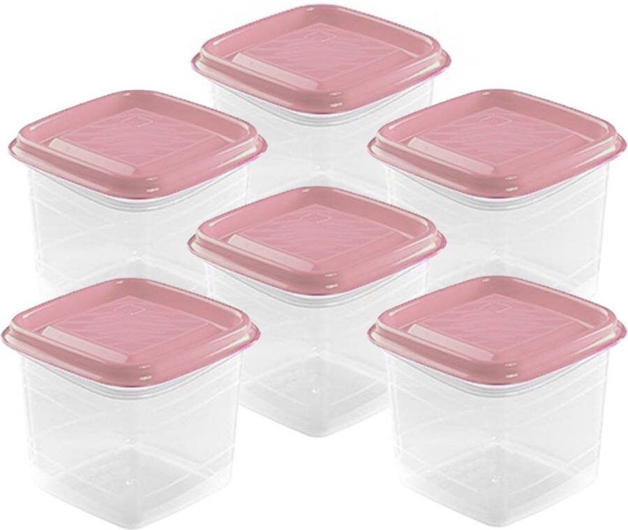 Hega hogar Vershoudbakjes set 6x stuks 0.3 liter transparant roze L8 x B8 x H11 cm Mealprep Maaltijden bewaren