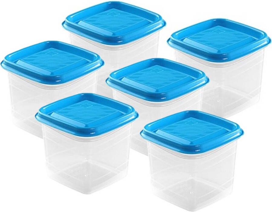 Hega hogar Vershoudbakjes set 6x stuks 0.7 liter transparant blauw L11 x B11 x H12 cm Mealprep Maaltijden bewaren