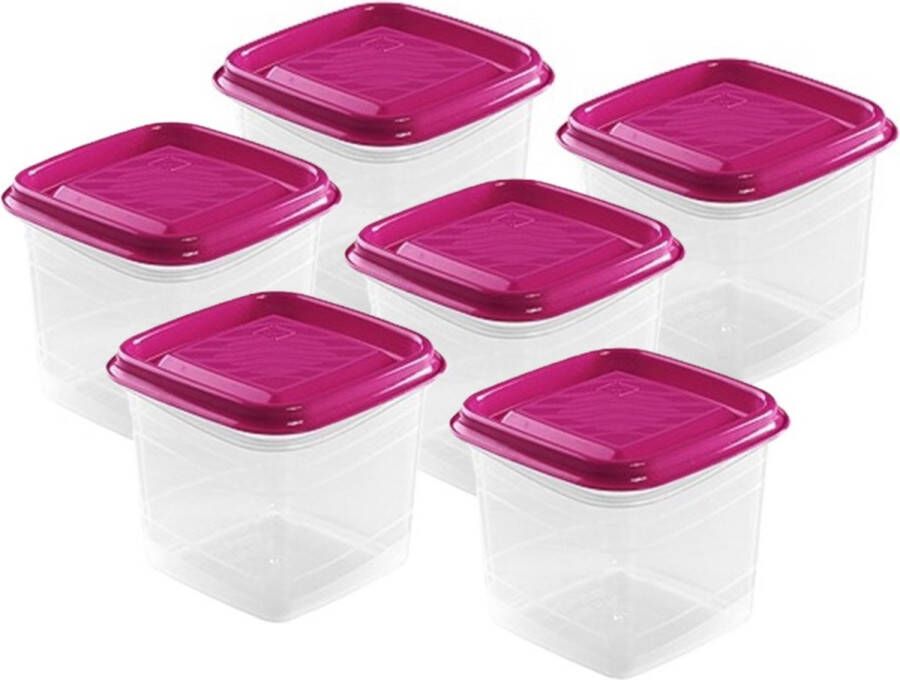 Hega hogar Vershoudbakjes set 6x stuks 0.7 liter transparant fuchsia L11 x B11 x H12 cm Mealprep Maaltijden bewaren