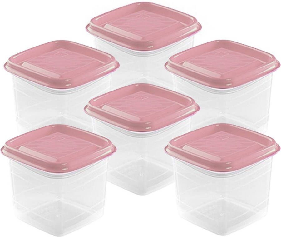 Hega hogar Vershoudbakjes set 6x stuks 0.7 liter transparant roze L11 x B11 x H12 cm Mealprep Maaltijden bewaren