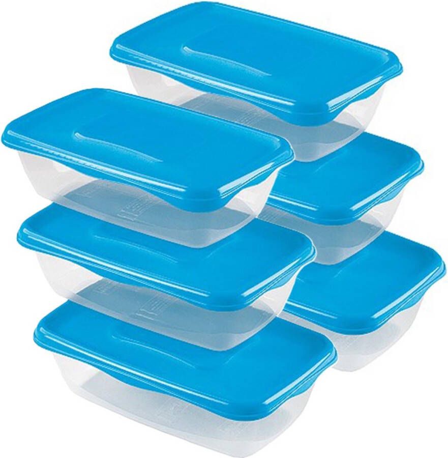 Hega hogar Vershoudbakjes set 6x stuks 0.9 liter transparant blauw L20 x B12 x H8 cm Mealprep Maaltijden bewaren