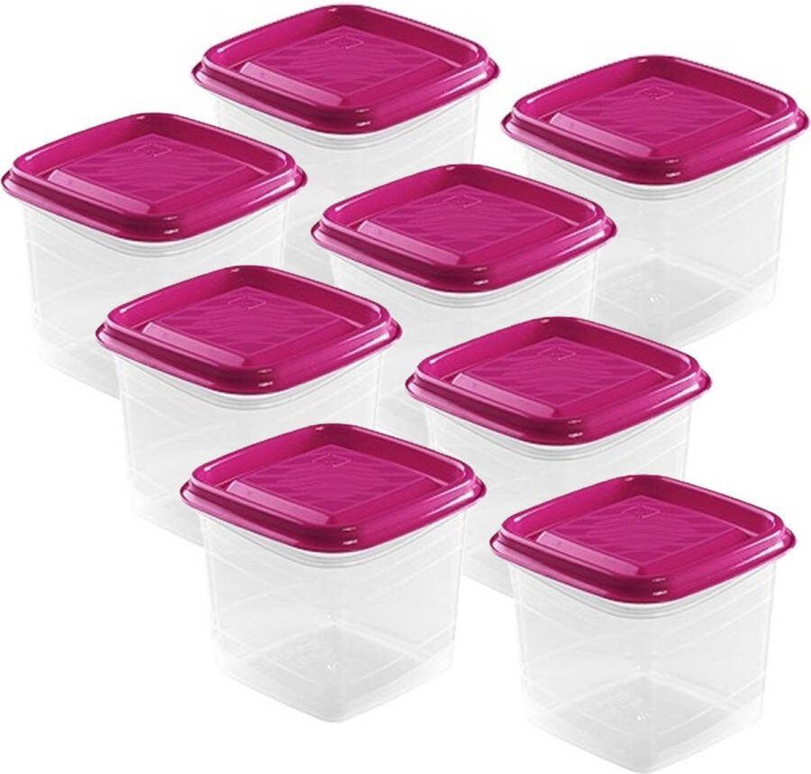 Hega hogar Vershoudbakjes set 8x stuks 0.7 liter transparant fuchsia L11 x B11 x H12 cm Mealprep Maaltijden bewaren