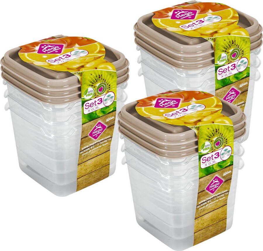 Hega hogar Vershoudbakjes set 9x stuks 0.3 liter transparant beige L8 x B8 x H11 cm Mealprep Maaltijden bewaren