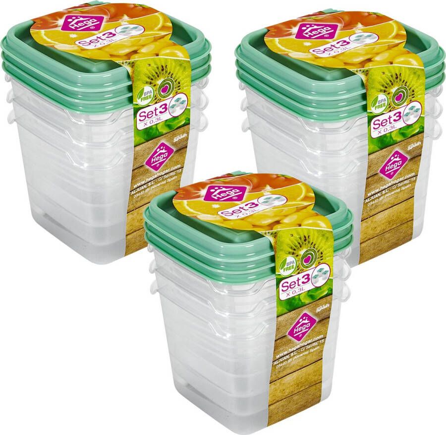 Hega hogar Vershoudbakjes set 9x stuks 0.3 liter transparant groen L8 x B8 x H11 cm Mealprep Maaltijden bewaren