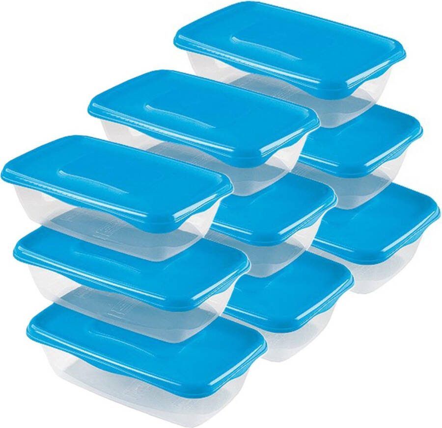 Hega hogar Vershoudbakjes set 9x stuks 0.9 liter transparant blauw L20 x B12 x H8 cm Mealprep Maaltijden bewaren