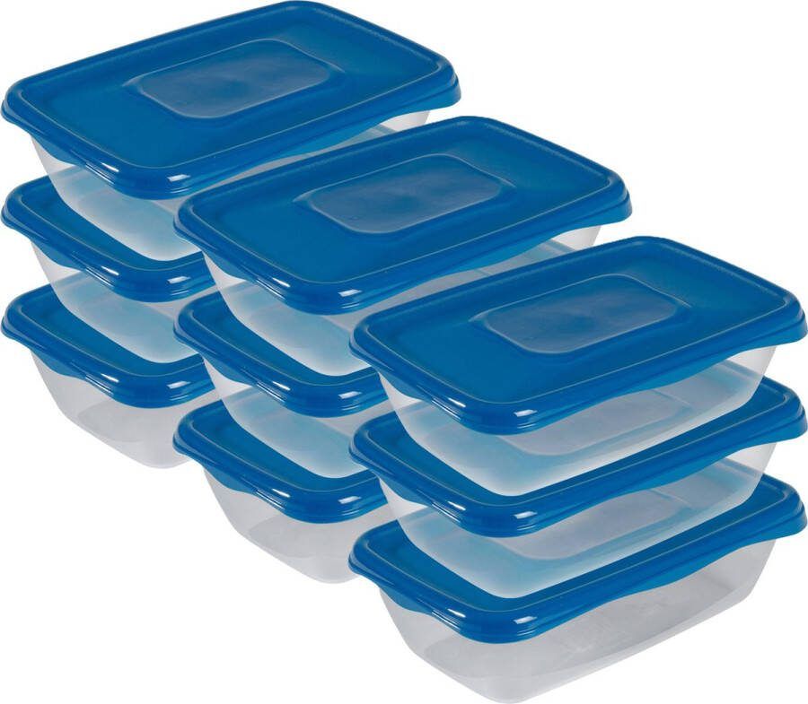 Hega hogar Vershoudbakjes set 9x stuks 0.9 liter transparant donkerblauw L20 x B12 x H8 cm Mealprep Maaltijden bewaren