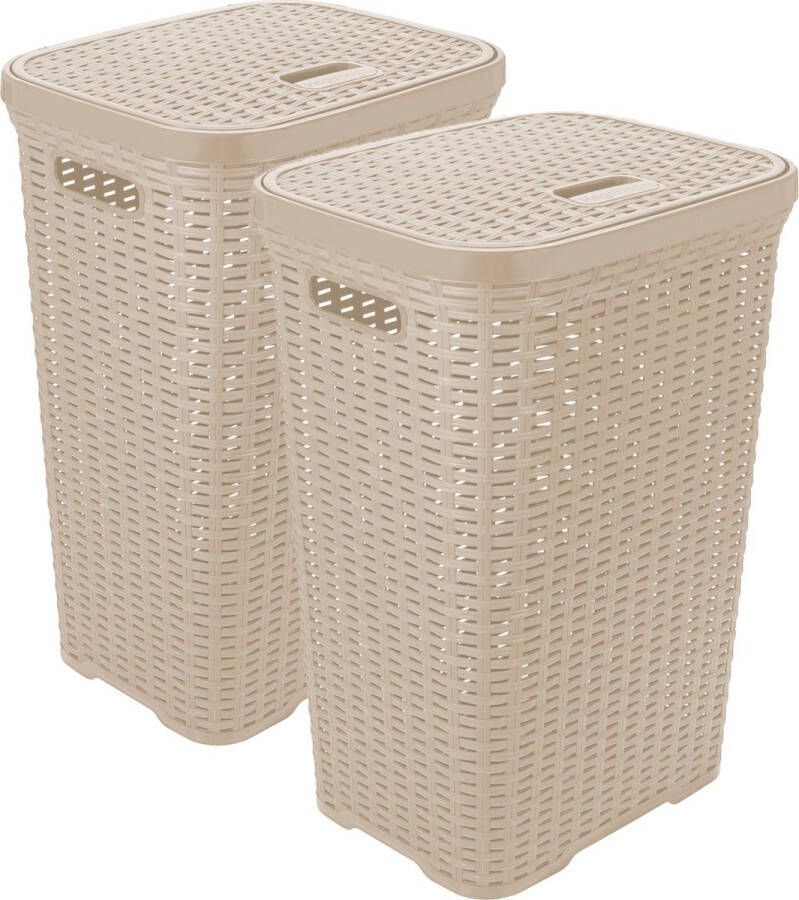 Hega hogar Wasmand met deksel Rotan 2x beige gevlochten kunststof 60 liter 34 x 43 x 62 cm