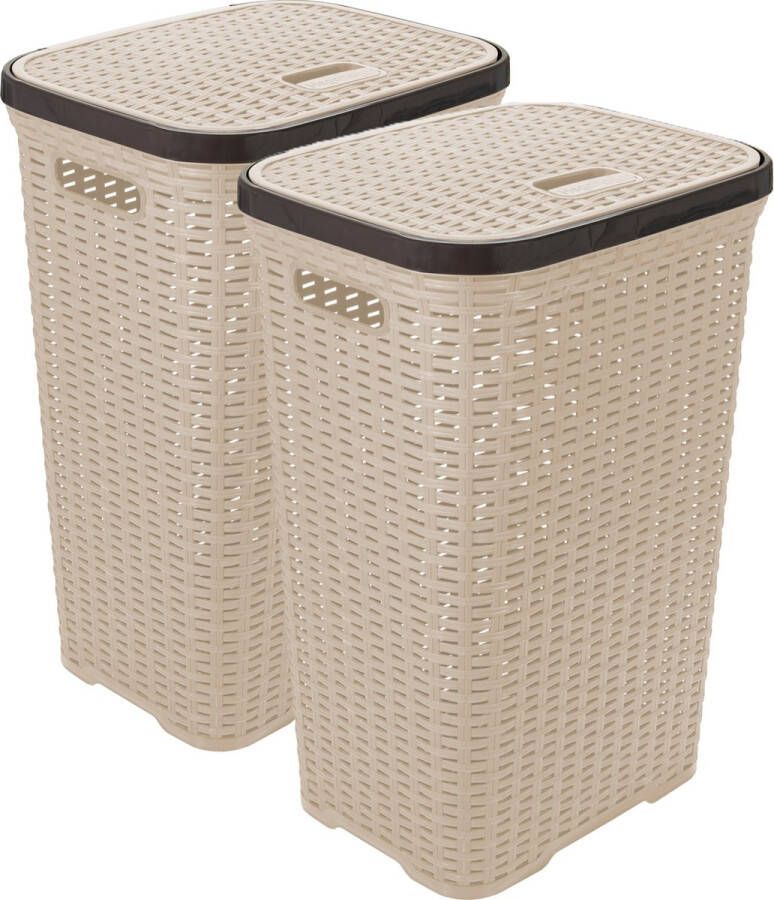 Hega hogar Wasmand met deksel Rotan 2x beige gevlochten kunststof 60 liter 34 x 43 x 62 cm