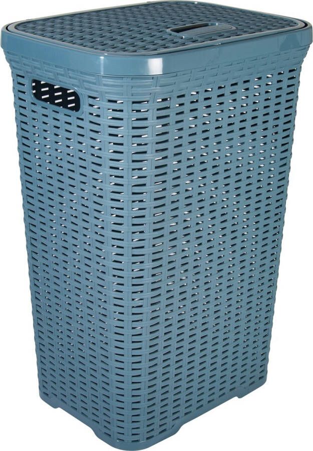 Hega hogar Wasmand met deksel Rotan denim blauw gevlochten kunststof 60 liter 34 x 43 x 62 cm