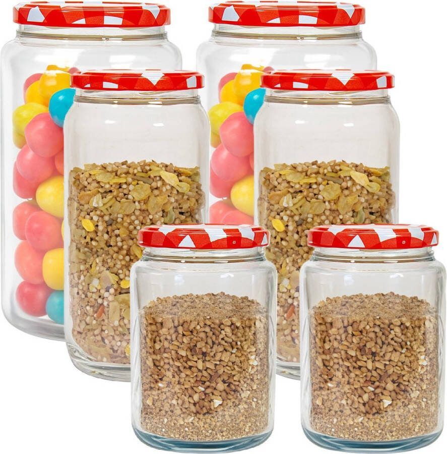 Hega hogar Weckpotten voorraadpotten set Classico 6x stuks 500 950 1500 ml kunststof rood draaideksel