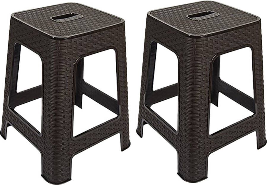 Hega hogar Zit opstap krukje 2x Rotan line donkerbruin kunststof 37x37x45 cm stapelbaar