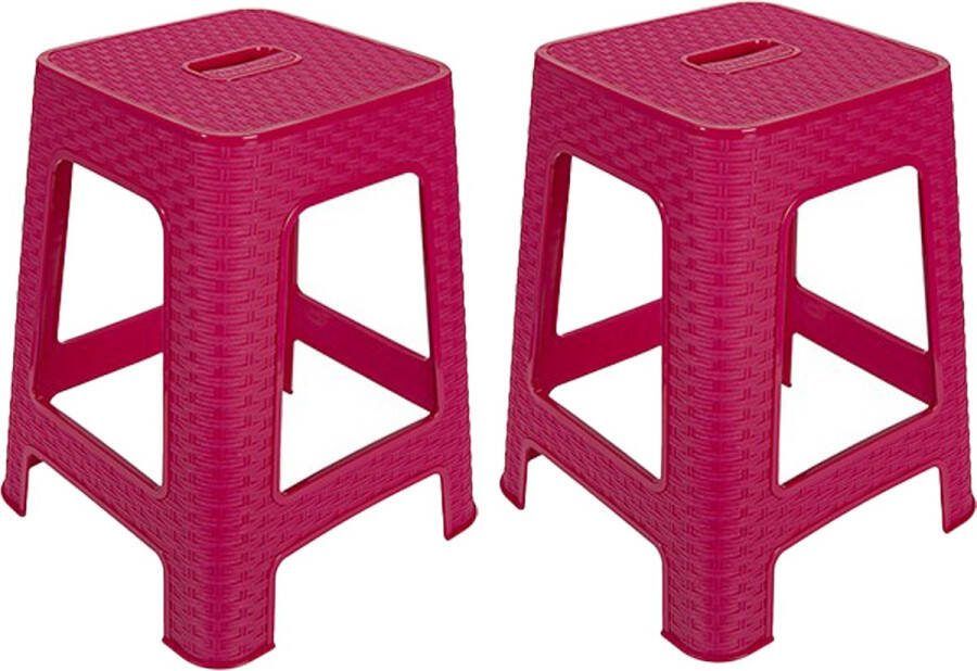 Hega hogar Zit opstap krukje 2x Rotan line fuchsia roze kunststof 37x37x45 cm stapelbaar