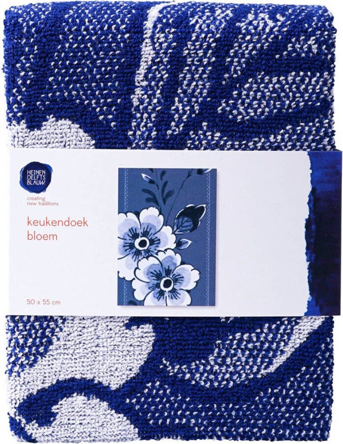 Heinen Delfts Blauw Keukendoek &apos;Bloem&apos; 52x62cm