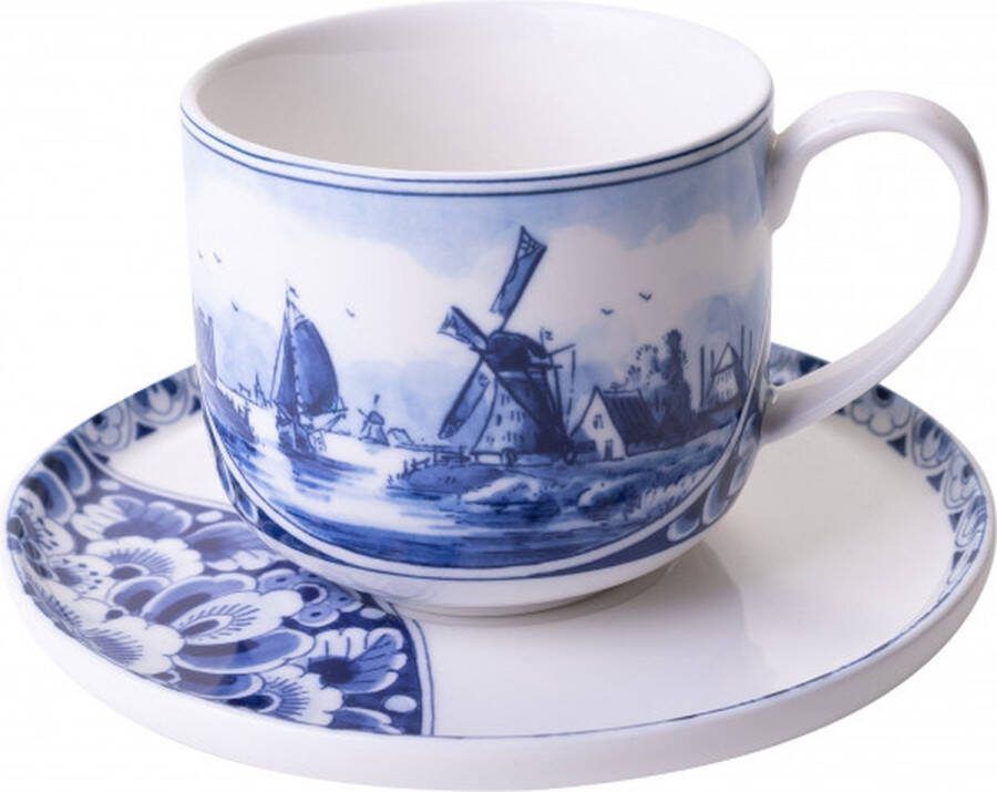 Heinen Delfts Blauw Kop en Schotel Molen Souvenir