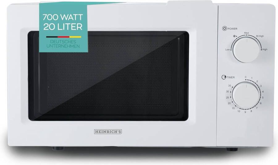 Heinrich's HEINRICHS HMW 8845 W compacte magnetron 20 l inhoud 5 standen incl. timer ontdooifunctie binnenverlichting 360° draaiplateau twee draaiknoppen wit 700 W vermogen