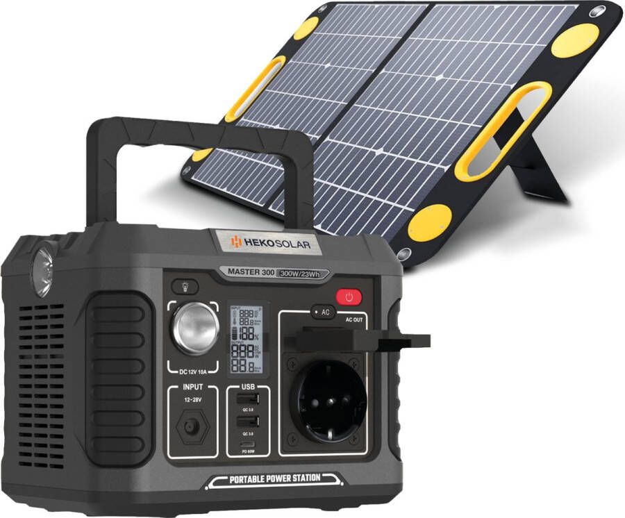 HEKO Solar Powerstation Master 300 + Unfold 60 300W 231Wh Capaciteit 60W Zonnepaneel Draagbare Power Station Generator Powerstation met Zonnepaneel USB-C 60W PD Noodpakket Powerbank Solar