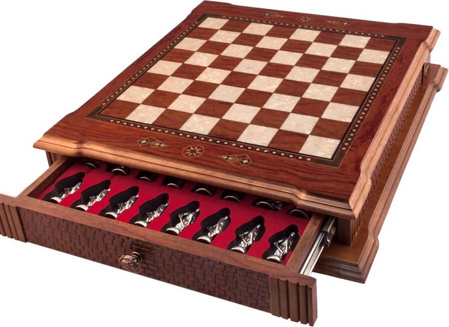 Helena Wood Art Handgemaakte houten schaakbord met opbergsysteem Metalen Romeinse Schaakstukken Luxe uitgave Schaakspel Schaakset Schaken Chess