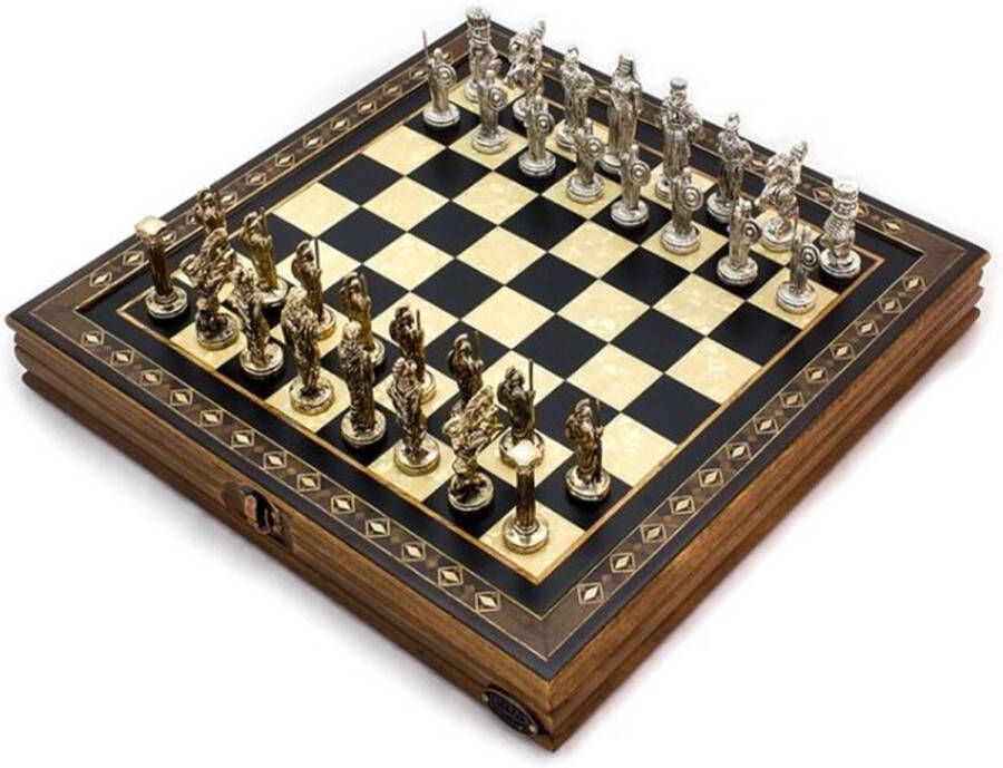 Helena Wood Art Handgemaakte houten schaakbord met opbergsysteem Metalen Schaakstukken Luxe uitgave Schaakspel Schaakset Schaken Chess 27 x 27 cm