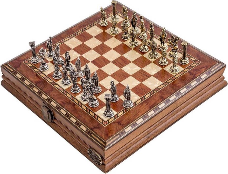 Helena Wood Art Handgemaakte houten schaakbord met opbergsysteem Metalen Schaakstukken Luxe uitgave Schaakspel Schaakset Schaken Chess 25 x 25 cm