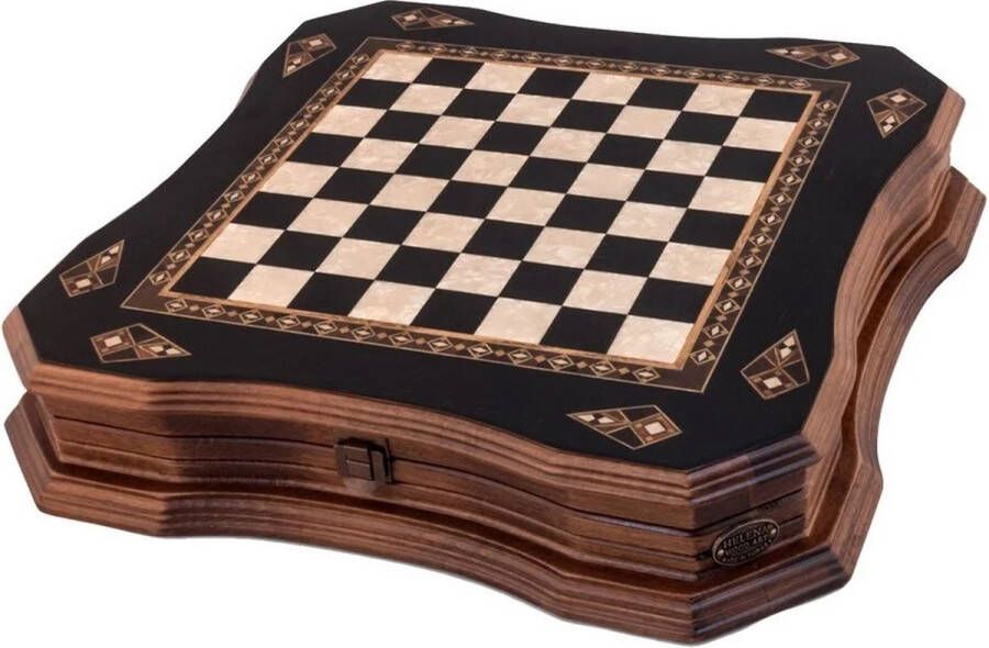 Helena Wood Art Handgemaakte houten schaakbord met opbergsysteem Metalen Schaakstukken Luxe uitgave Schaakspel Schaakset Schaken Chess 38 5 x 38 5 cm