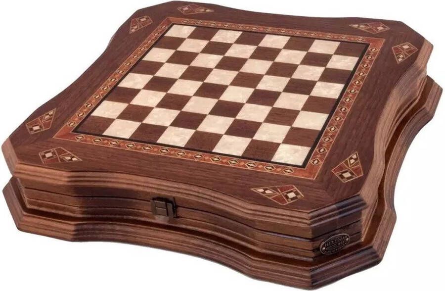 Helena Wood Art Handgemaakte houten schaakbord met opbergsysteem Metalen Schaakstukken Luxe uitgave Schaakspel Schaakset Schaken Chess 38 5 x 38 5 cm