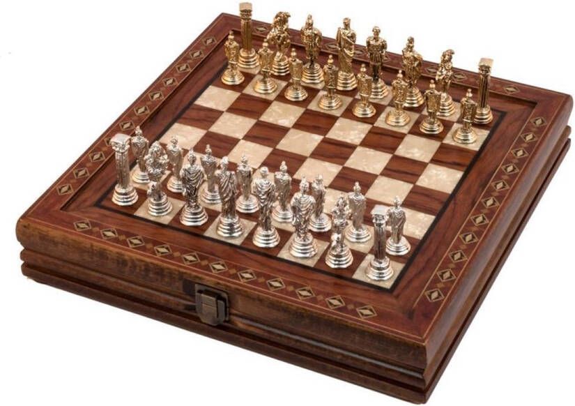 Helena Wood Art Handgemaakte houten schaakbord met opbergsysteem Metalen Schaakstukken Luxe uitgave Schaakspel Schaakset Schaken Chess 30 5 x 30 5 cm