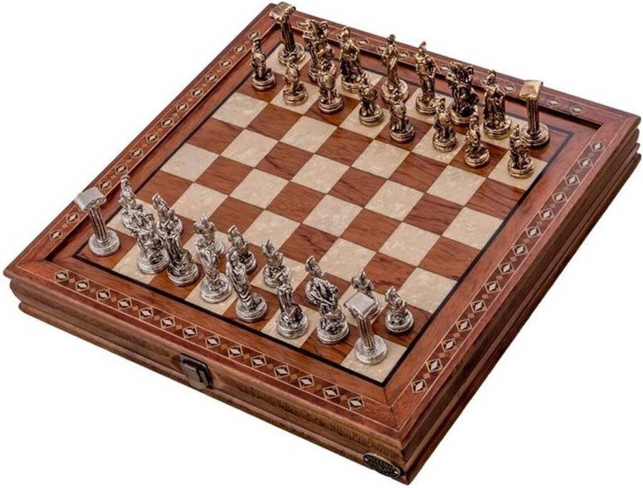Helena Wood Art Handgemaakte houten schaakbord met opbergsysteem Metalen Schaakstukken Luxe uitgave Schaakspel Schaakset Schaken Chess 27 x 27 cm