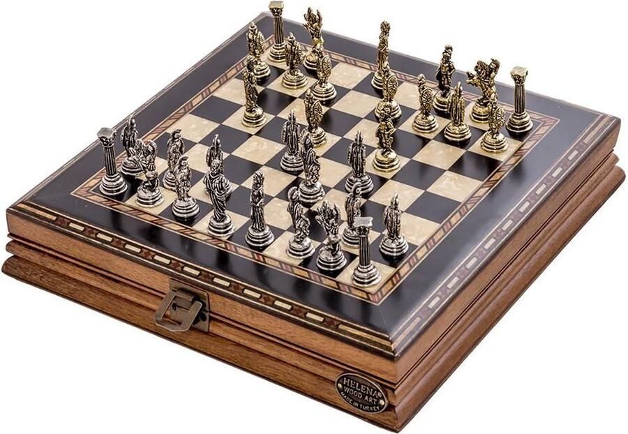 Helena Wood Art Handgemaakte houten schaakbord met opbergsysteem Metalen Schaakstukken Luxe uitgave Schaakspel Schaakset Schaken Chess 25 x 25 cm