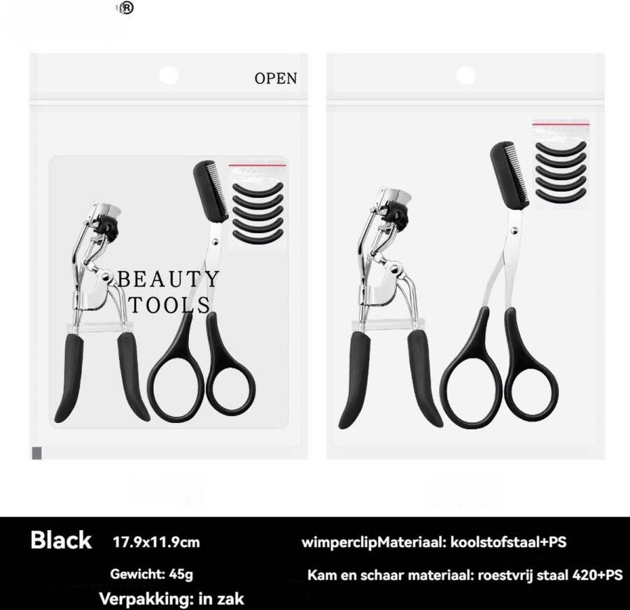 Helin life Wimperkruller set-Eyelash Curler + 5x Gratis Extra Siliconen Pad-Wenkbrauwschaar&Incl. kammetje -zwart