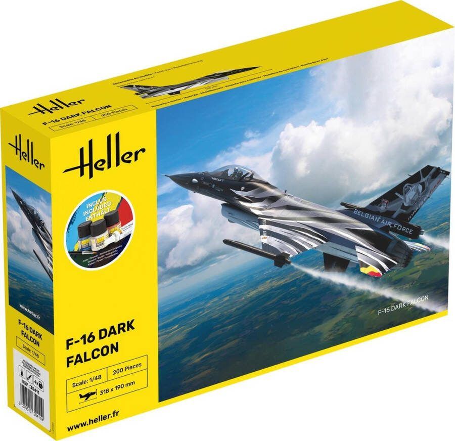 Heller 1:48 35411 General Dynamics F-16 Fighting Falcon Dark Falcon Starter Kit Plastic Modelbouwpakket