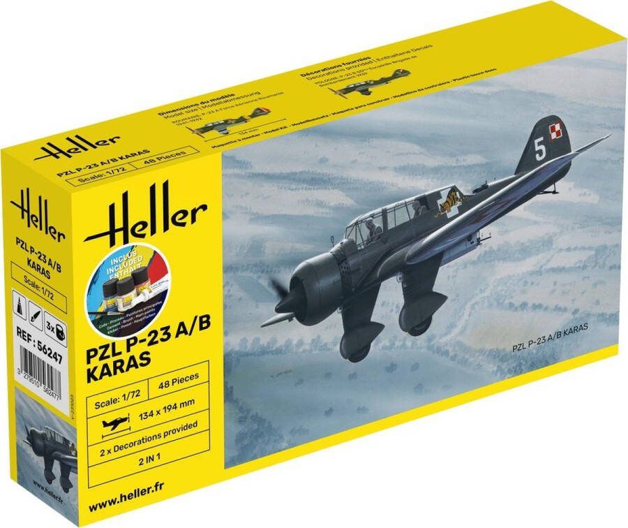 Heller 1:72 56247 PZL P-23 A B Karas Plane Starter Kit Plastic Modelbouwpakket