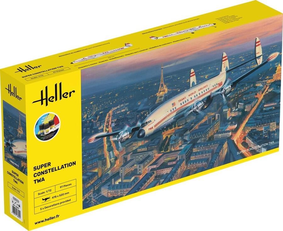 Heller 1:72 58391 Lockheed Super Constellation TWA Vliegtuig Starter Kit Plastic Modelbouwpakket