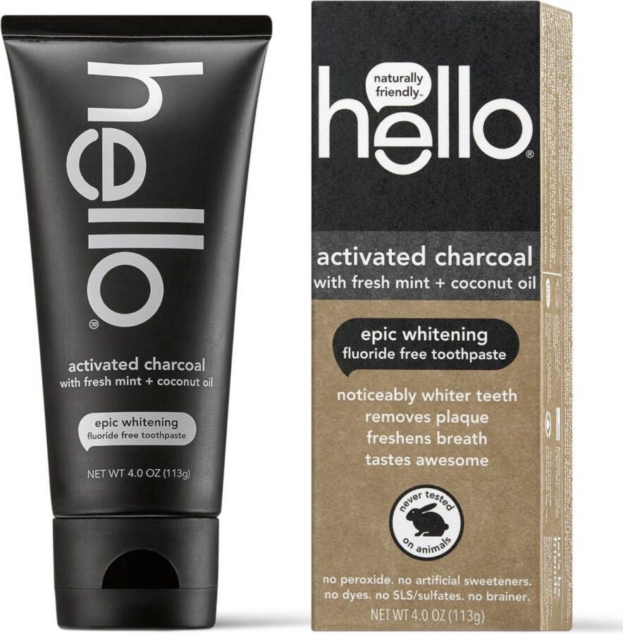 Hello Activated Charcoal Epic Whitening Fluoridevrij Tandpasta Fresh Mint + Coconut Oil 113gr