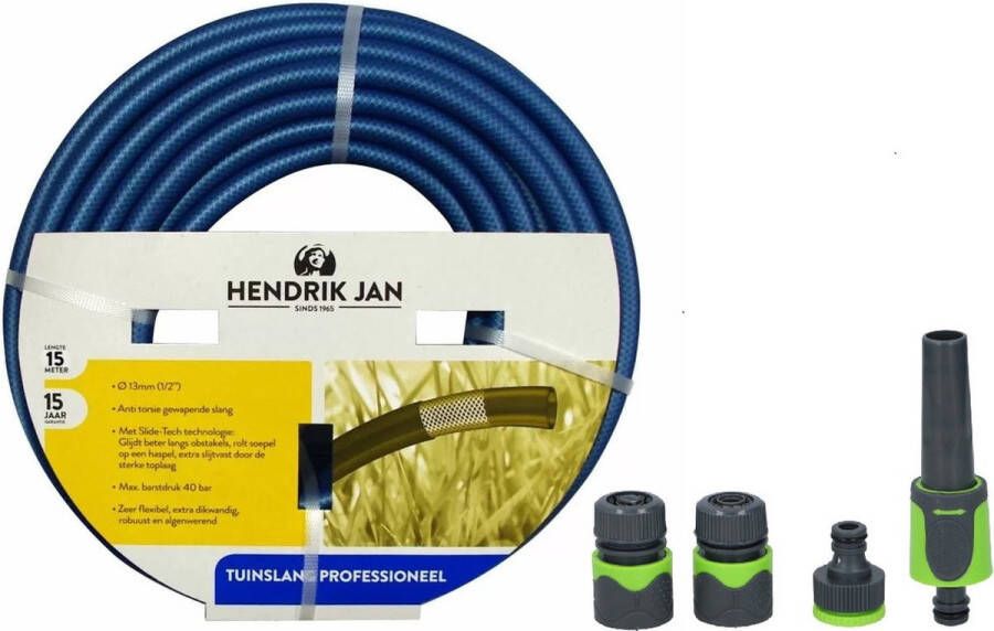 Hendrik Jan Tuinslang 15 meter anti knik 13mm professional met koppelstukken spuitstuk Tuinslangen