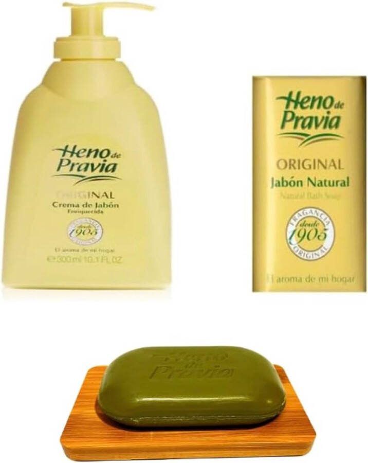 Heno De Pravia Sapone Di Mani Originele Jabón Manos 300 ml+ Zeep 115 g+ Sanitral Bamboe Zeepbakje Opberghouder (Set van 3)