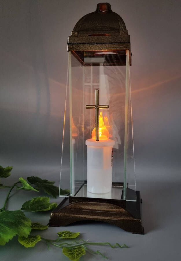 Herdenkingslichtjes Herdenkingslicht Art 2 Kruis Goud Incl led kaars Grafkaars Graflicht Graflantaarn Windlicht