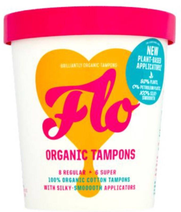 HERE WE FLO 14 organische tampons met inbrenghuls (8 Regular 6 Super) biologisch katoen